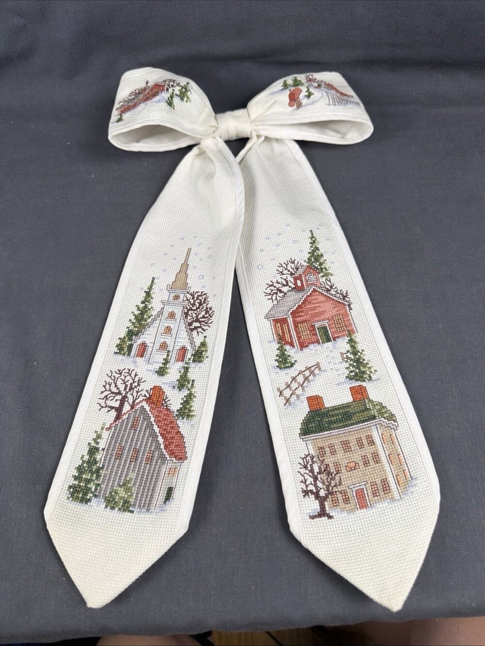 Completed JCA Winter Bow Ties Cross Stitch Winter Wonderland Door Wreath Bow VTG